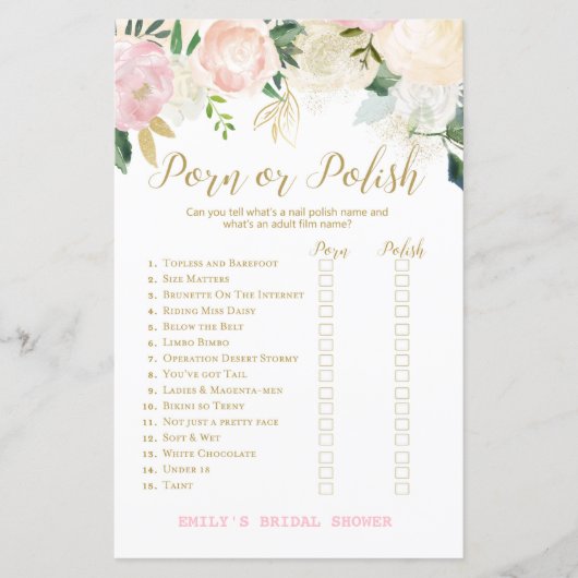 ピンク赤面及び金ゴールドブライダルシャワーゲーム印刷 (正面)