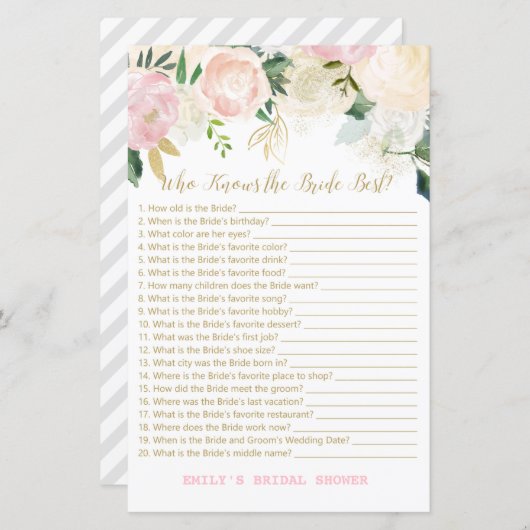 ピンク赤面及び金ゴールドブライダルシャワーゲーム印刷 (正面/裏面)