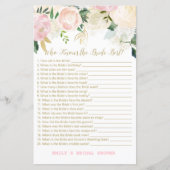 ピンク赤面及び金ゴールドブライダルシャワーゲーム印刷 (正面)