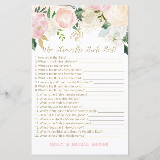 ピンク赤面及び金ゴールドブライダルシャワーゲーム印刷 (正面)