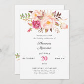 ピンク赤面咲きフローラ誕生日白 招待状 (正面/裏面)