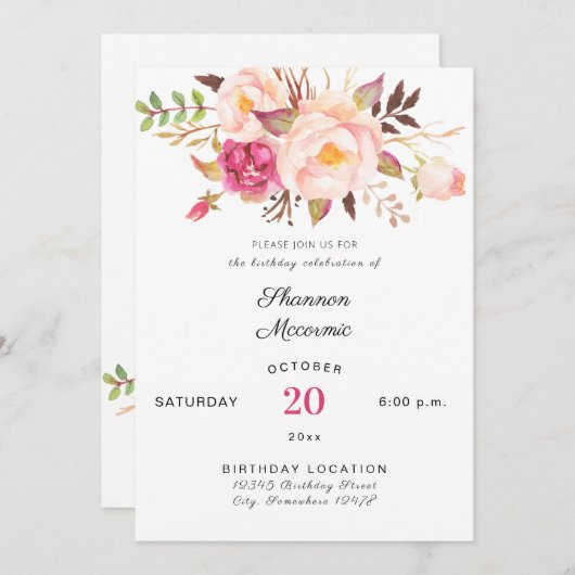 ピンク赤面咲きフローラ誕生日白 招待状 (正面/裏面)