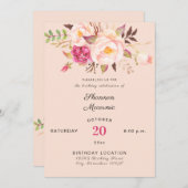 ピンク赤面咲きフローラ誕生日 招待状 (正面/裏面)
