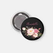 ピンク赤面咲きフローラ – 黒 マグネット (正面/裏面)