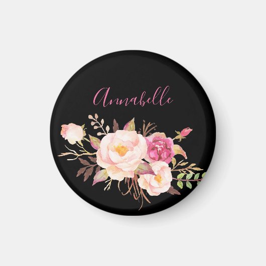 ピンク赤面咲きフローラ – 黒 マグネット (正面)