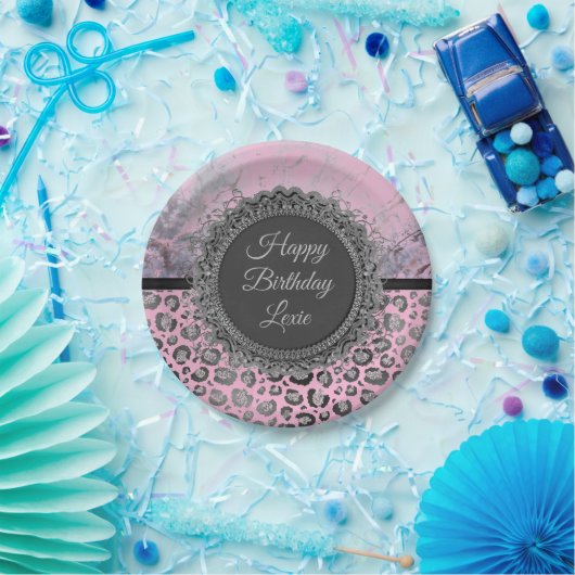 ピンク赤面大理石きらびやかなヒョウ誕生日 ペーパープレート (パーティー)