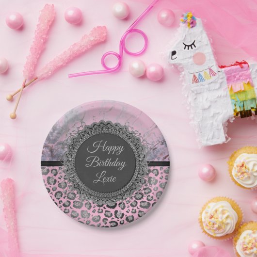 ピンク赤面大理石きらびやかなヒョウ誕生日 ペーパープレート (パーティー)