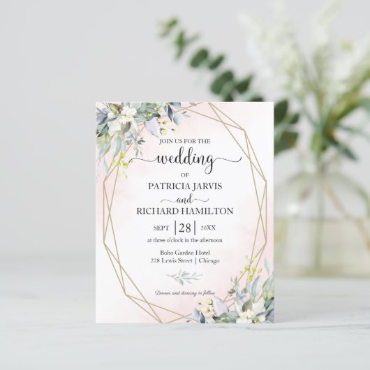 ピンク赤面幾何学予算結婚式招待状 (スタンド正面)