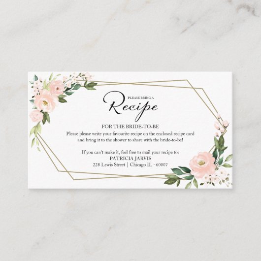 ピンク赤面幾何学的ブライダルシャワーレシピ要求 エンクロージャーカード (正面)
