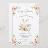 ピンク赤面感じホワイト紙バニーベビーシャワー 招待状 (正面/裏面)