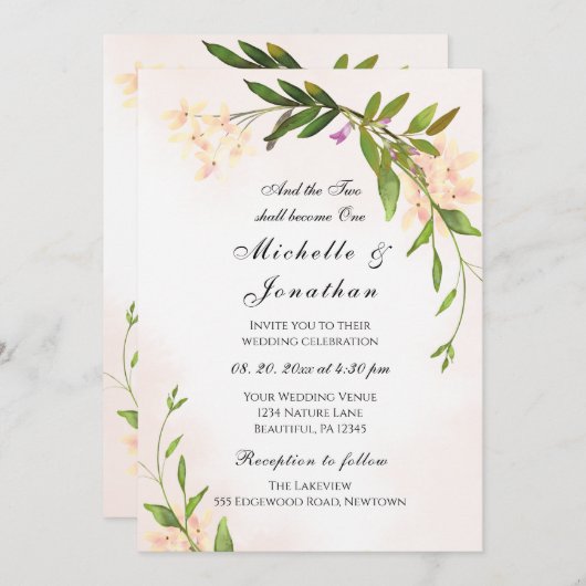 ピンク赤面植物園クリスチャン結婚ズ 招待状 (正面/裏面)