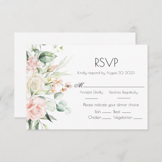 ピンク赤面水彩フローラエレガントな結婚式 出欠カード (正面/裏面)