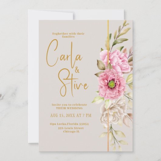 ピンク赤面水彩フローラバジェット結婚ズ 招待状 (正面)