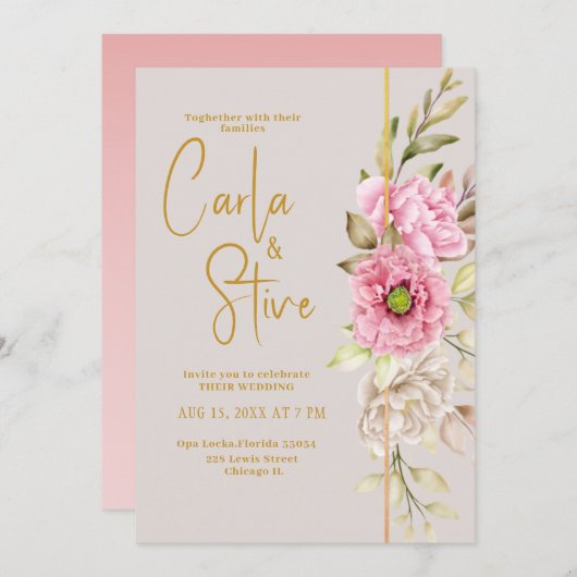 ピンク赤面水彩フローラバジェット結婚ズ 招待状 (正面/裏面)