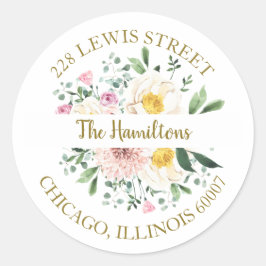 ピンク赤面水彩フローラ差出人住所 ラウンドシール