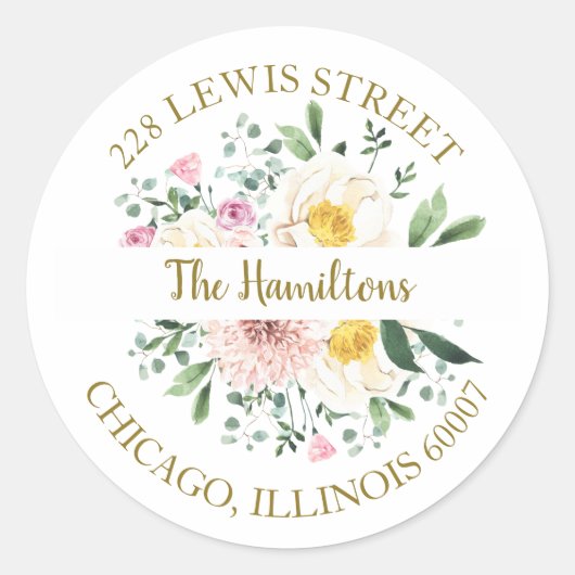 ピンク赤面水彩フローラ差出人住所 ラウンドシール (正面)