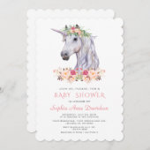 ピンク赤面水彩ユニコーン女の子ベビーシャワー 招待状 (正面/裏面)