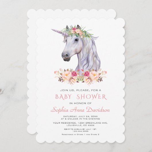 ピンク赤面水彩ユニコーン女の子ベビーシャワー 招待状 (正面/裏面)