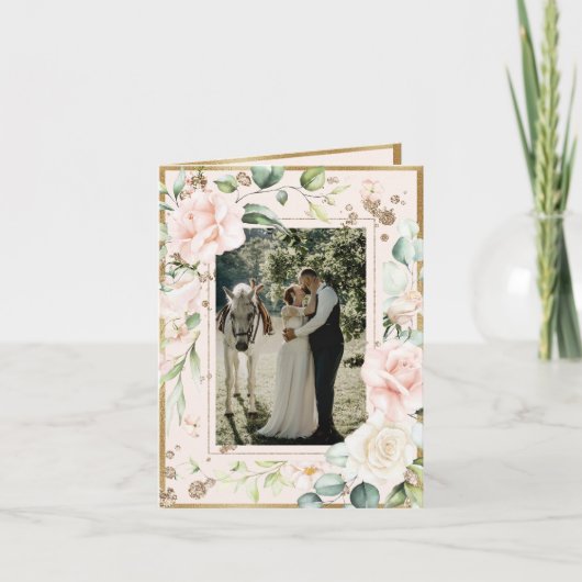 ピンク赤面水彩写真フローラ結婚ズ サンキューカード (正面)