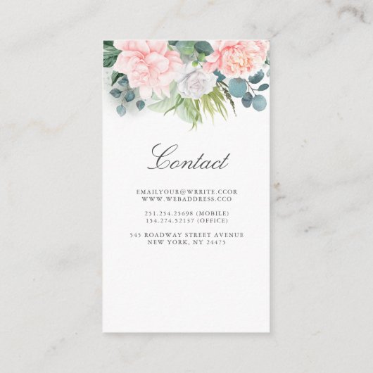 ピンク赤面水彩花と緑のフレーム 名刺 (裏面)