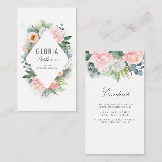 ピンク赤面水彩花と緑のフレーム 名刺 (正面/裏面)