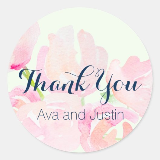 ピンク赤面水彩開花サンキューシール ラウンドシール (正面)