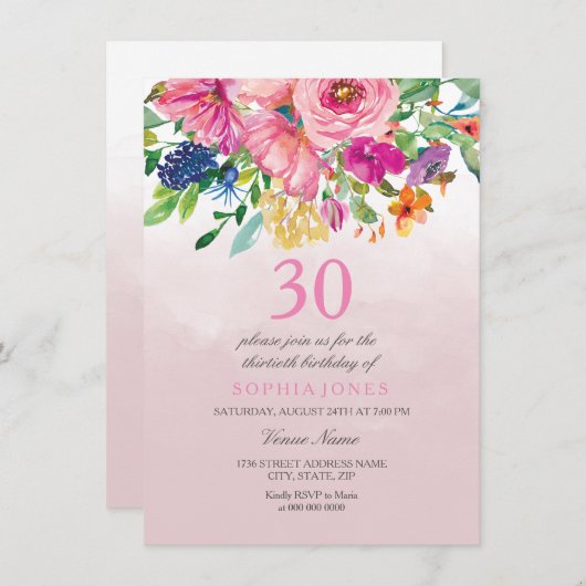 ピンク赤面熱帯水彩30歳の誕生日 招待状 (正面/裏面)