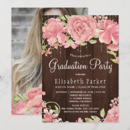 ピンク赤面牡丹の素朴なPHOTO卒業パーティー 招待状