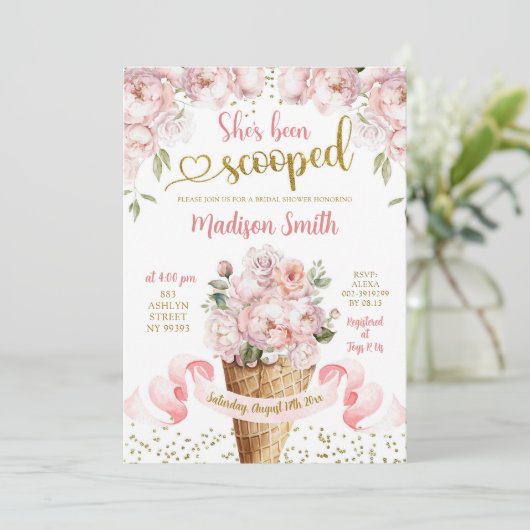 ピンク赤面牡丹アイスクリームスコップブライダルシャワー 招待状 (スタンド正面)