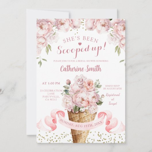 ピンク赤面牡丹アイスクリームブライダルシャワー 招待状 (正面)