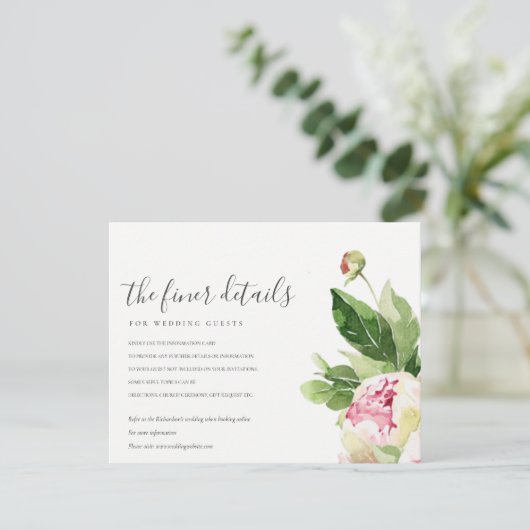 ピンク赤面牡丹ユーカリフローラ結婚詳細 エンクロージャーカード (スタンド正面)