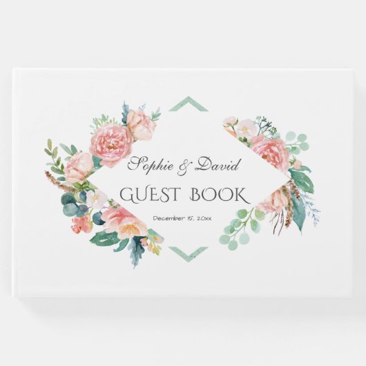 ピンク赤面白い花の緑の枠結婚の数 ゲストブック (正面)