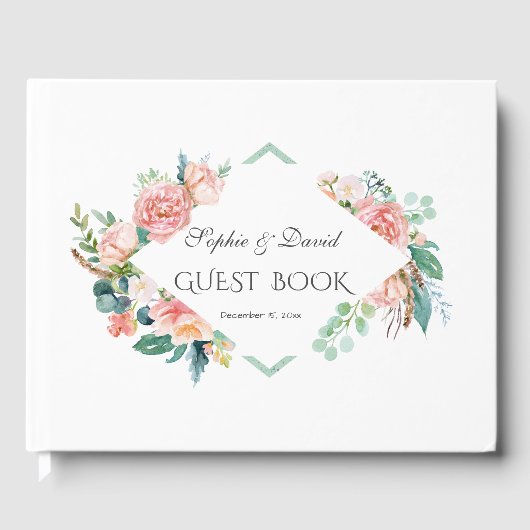 ピンク赤面白い花の緑の枠結婚の数 ゲストブック (正面)