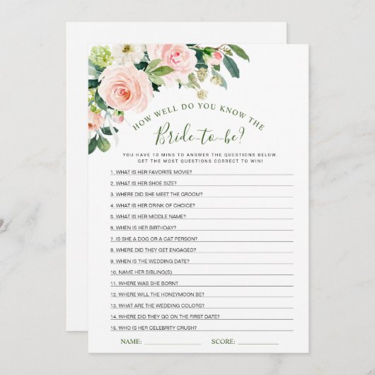 ピンク赤面花ブライダルシャワーゲームカード 招待状 (正面/裏面)