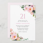 ピンク赤面花女性21歳パーティー 招待状 (正面/裏面)