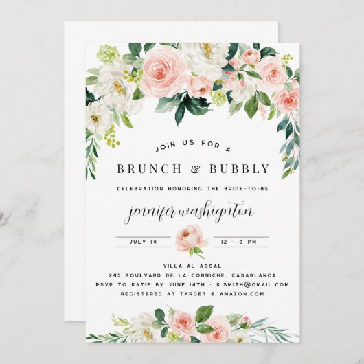 ピンク赤面花模様ボホブライダルシャワー 招待状 (正面/裏面)