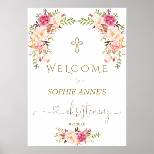ピンク赤面花歓迎ガール《キリスト教》洗礼式や命名式サイン ポスター (正面)