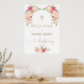ピンク赤面花歓迎ガール《キリスト教》洗礼式や命名式サイン ポスター (キッチン)