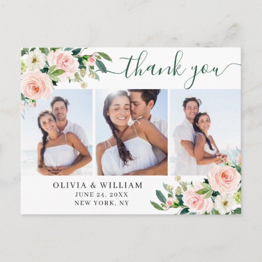 ピンク赤面花緑3 Photo Thank You ポストカード (正面)