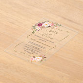 ピンク赤面花金ゴールドガールベビーシャワー アクリル招待状 (レイダウン)