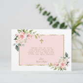 ピンク赤面花金ゴールドクロスファースト聖餐式 サンキューカード (スタンド正面)