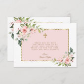 ピンク赤面花金ゴールドクロスファースト聖餐式 サンキューカード (正面/裏面)