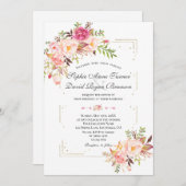 ピンク赤面花金ゴールドグリッター結婚枠 招待状 (正面/裏面)