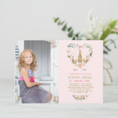 ピンク赤面花金ゴールドユニコーン写真誕生日 招待状 (スタンド正面)