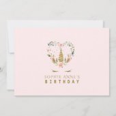 ピンク赤面花金ゴールドユニコーン写真誕生日 招待状 (裏面)