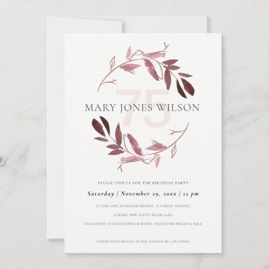 ピンク赤面葉リース任意の年齢75誕生日カード サンキューカード (正面)