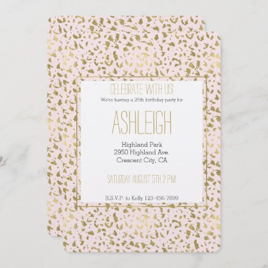 ピンク赤面金ゴールドアニマルプリント誕生日 招待状 (正面/裏面)