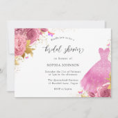 ピンク赤面金ゴールドスパークルドレスフローラブライダルシャワー 招待状 (正面)