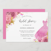 ピンク赤面金ゴールドスパークルドレスフローラブライダルシャワー 招待状 (正面/裏面)