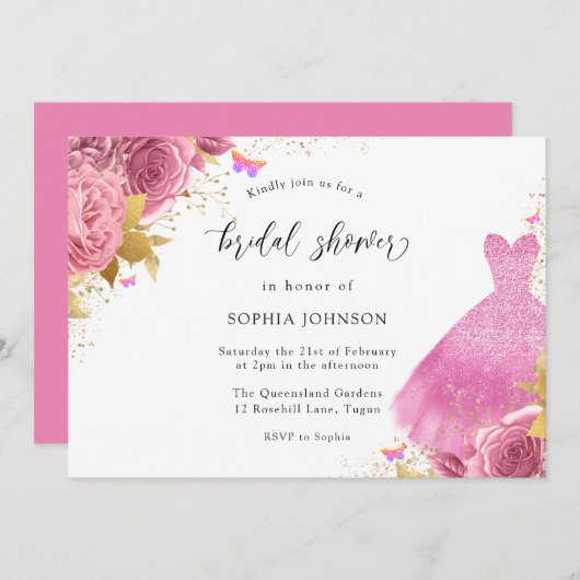 ピンク赤面金ゴールドスパークルドレスフローラブライダルシャワー 招待状 (正面/裏面)